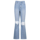 Holes Ripped Flare Jeans Woman Blue Skinny High Waist Denim Pants Capris Summer Pocket Fashion Trousers