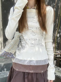 Aesthetic Tshirts Women Korean Cotton Slim Fit All Match Tees Grunge Print Lace Patch T Shirt 2024 Long Sleeve Crop