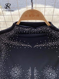 Rhinestone Print Slim Two Pieces Sets Women Short Sleeves Sexy Bodysuits+Bodycon Skirt Fashion Beading Sensual