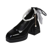 Size High Heels Female 2025 Spring And Autumn String Beads Chain Fairy Wind Thick With Simple Square Head Mary Jane Single Shoes