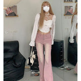 2022 Pink Flare Pants for Women Y2k Vintage Female Low Waist Jeans Ins High Street Full Length Trousers Fashion