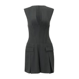 Zingj Women's Wear Sexy Deep V Retro Short Skirt False Pocket Bundle Waist Temperament Dress Woman- Outfit