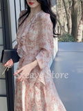 Summer Fairy One Piece Dress Korean Casual Vintage Floral Midi Dress Women Long Sleeve French Sweet Dress Office Lady