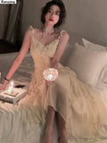 Women New Spaghetti Strap Midi Ruffle Dress Elegant Party Prom Slim One Piece Birthday Clothes