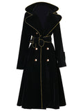 Spring Autumn Long Black Velvet Trench Coat for Women with Gold Trim Sashes Double Breasted Luxury Designer Fashion