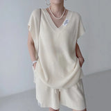 Chic Sweet V-Neck Loose Letter Sticker Short-Sleeved Knitwear + Rope High-Waisted Leisure Wide-Legged Shorts