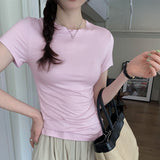 Pink Round-Neck Short-Sleeved T-Shirt A New Slim, Slim, Casual And Beautiful Blouse For Women In Spring And