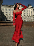 Off-Shoulder Long Sleeve Flare Maxi Dress- Outfit