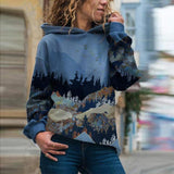 Harajuku Hooded Sweatshirts Women ELegant Mountain Printed Loose Hoodies Spring Casual Tracksuit Tops Oversized