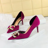 Zingj Banquet High Heels Fine Heel Shallow Mouth Tip Side Hollow Out And Thick Suede Water Diamond Button Bow Single