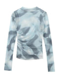 Print Tulle Crop Top Women Ruched Mesh Blouse Female Blue Long Sleeve Tops For Women 2023 Streetwear Chic Woman