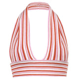 Summer Deep V Neck Striped Sexy Halter Neck Tank Top Sleeveless Backless Crop Tops Tees Women Tie Up Beach Party