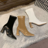 Zingj Celebrity Elastic Thin Thin Boots Female 2023 Autumn New Thick High Heel Temperament Short Boots Female White Lacquer Leather Martin Boots-Outfit