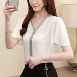 Shirt Women's Short Sleeve Shirt 8678 Spring / Summer New V Collar Fashion Chiffon Shirt Loose Joker Style Small