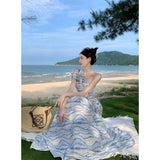 Zingj New Style Hangs Neck Show Shoulder French Dress Seaside Vacation Oil Painting Dress Female Popular This Year