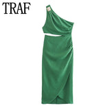 2023 Cut Out Long Dress Women Asymmetric Green Sleeveless Dress Woman Ruched Off Shoulder Midi Summer Elegant Party