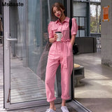 Jumpsuit Women Summer Short Sleeve Loose Casual Jeans Jumpsuits Ankle-length Solid Pink Rompers Belted Woman