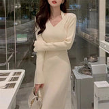 Zingj Temperament Slim In The Long Fashion Autumn And Winter Wool Dress Female Inside Build Knit Lady Dress With Coat Female-Outfit