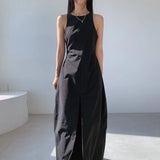 Zingj Chic Minimalist Minority Round Collar Double Pocket Fold Fold Waist Over The Knee Long Vest Dress