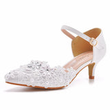 Cm Hollow Sharp Head Sandals In Low-Heeled Mary Jane Sandals White Lace Beaded Wedding Shoes Bridal Wedding
