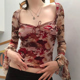 Y2K Fairycore Aesthetics Floral Print Mesh T-shirts 90s Fashion Square Collar Ruched Flare Sleeve Crop Top