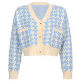 Houndstooth Plaid Print Cardigan Women Autumn V Neck Vintage Knitted Crop Top Sweater Casual Loose Knitwear