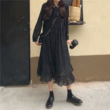 Elegant Polka Dots Print Women Chiffon Dress Vintage Loose Long Dress Lace-up Female A-line Vestidos femme