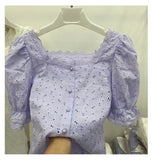 Embroidery Lace Blouse Women Tops Summer Cutout Vintage French Square collar Causal White Shirt Women