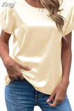 Lady Short Sleeve Satin Blouse Loose Casual Round Neck Solid Shirts Fashion 2023 Summer Elegant Tops Women Clothing