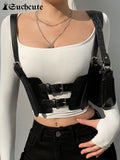 SUCHCUTE Goth Aesthetic Buckle Black Crop Tops Dark Academia Fashion PU Leather Women's Corset Tops Punk Style Gothic