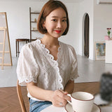 Ladies Lace Border Shirt Fashion Women Hollow Out White Blouse Simple Casual V-Neck Short Sleeve Blouses and
