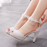 Yard Fish Mouth High Heel Sandals Waterproof Table Sandals Fine Heel Lace Beaded Wedding Shoes Wedding