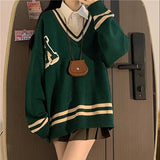 Harajuku Sweater Women Y2k Preppy Style Vintage Jumpers Ladies V-neck Oversized Streetwear Chic Pullover Casual