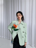 Spring 2022 Mint Green Coat Jackets Blazers For Women Elegant Stylish Floral Patch Hasp Designer Korean Tailored