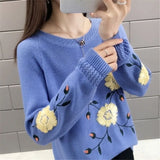 Winter Loose Casual Embroidery Sweat Sweater Lady Long Sleeve All-match Pullover Women Elegant Fashion Knitting