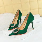 Zingj Fashion Banquet High Heels Fine Heel Shallow Pointed Satin Metal Water Diamond Buckle Single Shoe