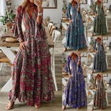Zingj Bohemian Horn Sleeve Print V-Neck High-Waist Holiday Dress Floral Dress-Outfit