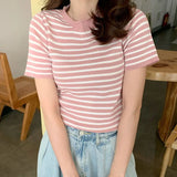 ice cream color tee-shirt female short Cute t-shirt striped slim knitting Top Short Sleeve
