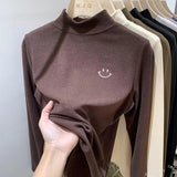 Solid Color Embroidered Half-High Collar Bottomed Blouse In Autumn And Winter German Velvet Temperament Black Long-Sleeved