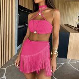Sexy Tassel Women Two Piece Bikini Set Halter Lace Bra Tassel Mini Skirt Suit Beach Vacation Casual Female Bathing