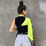 Neon Green One Shoulder Off Halter Top Harajuku Black Reflective Tshirt Women Hip Hop Street Wear Tee Shirt