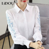 Spring Autumn 100% Cotton Embroidery Elegant Fashion Blouse Femme Loose Casual Single Breasted Top Women Comfortable