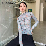 Vintage Floral Mesh Top Long Sleeve Tees Hemming Contrast Stitch Top See Through T Shirt Women Fall Designer