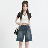 Waisted Denim Shorts Women Summer Korean Fashion Y2k Bottoms White Retro Blue Black Jeans Knee Length Female Jean