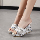Size Women's Shoes A Word New Round Head Casual Flowers Thick Bottom Fish Mouth Slope Outside Wearing Cool Slippers