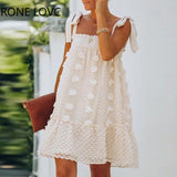 Women Spaghetti Strap Swiss Dot Frill Hem Ruched Tied Strap Dress Casual Dress Elegant Fashion Chic