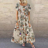 Floral Long Dress Women Summer Elegant Linen Short Sleeve Boho Maxi Dress Female Holiday Sundress Party Dresses