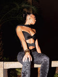 Women Early Autumn New High Street Solid Hollow Out Sexy Two Pieces Sets Halter Low Cut Skinny Top&Black Elastic