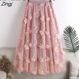 2023 Spring Summer Long Pleated Tulle Skirt Women Korean Mesh Floral Embroidery High Waist Aesthetic Midi Skirt