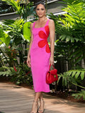 Flower Printed Waist Hollow Out Midi Dress Women Sleeveless Back Zipper Split Robes 2024 Fashion High Street